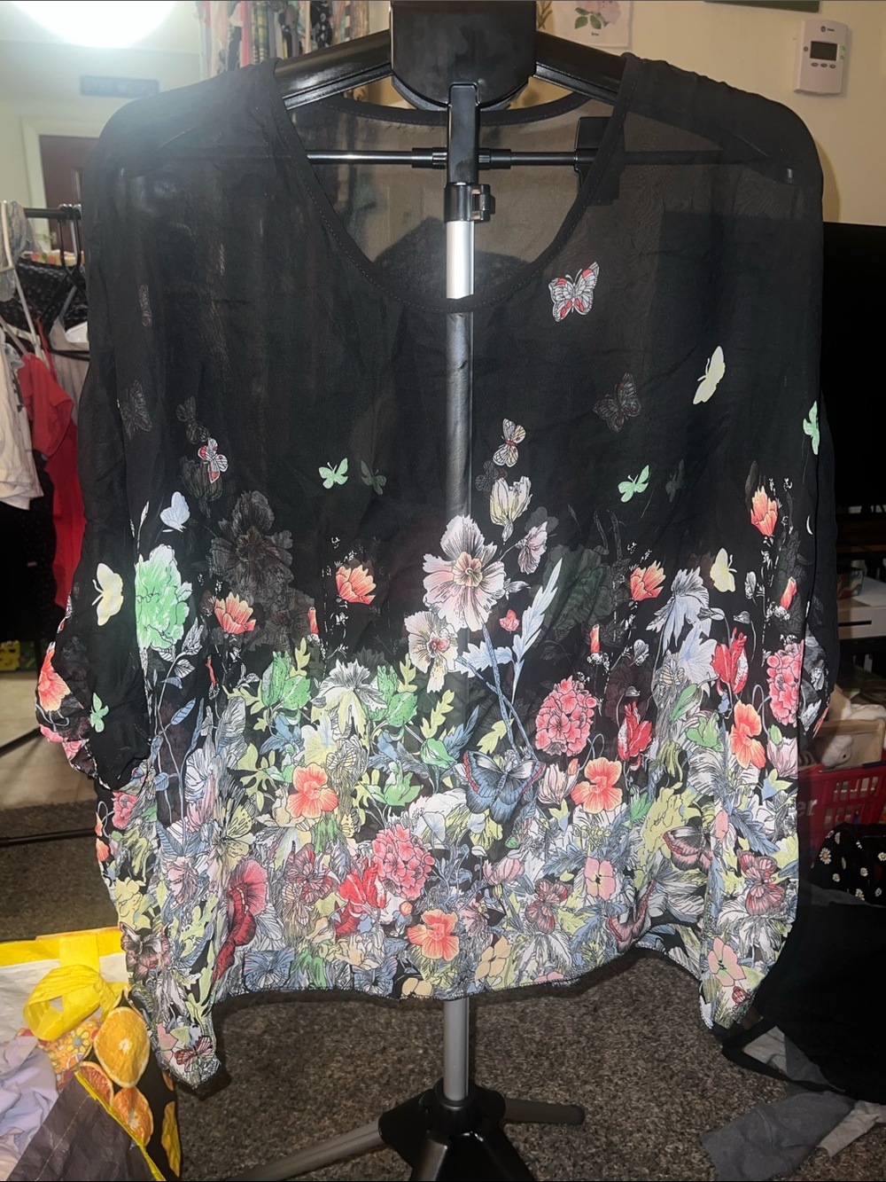 Sheer Black Floral & Butterfly Blouse